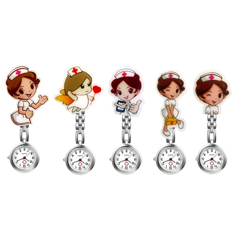 Avaner Nurse Watches Cute Cartoon Design Clip-on Fob Watches Analog Quartz Hanging Lapel Watches for Women (5 Pcs) - Image 1